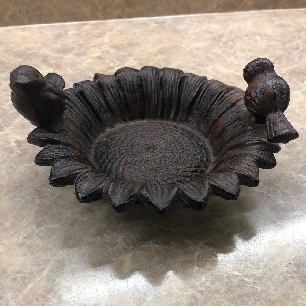 Cast metal bird/sunflower decoration bowl.